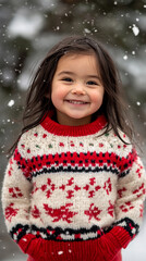 Xmas vibes - cute kid chils wearing christmas outfit smiling at the camera. Vertical banner for...