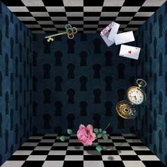 The wonderland room. Flying furniture, playing cards, cups, watches, keys and more on the background of green walls and a chess floor. Mad Tea party. Colorful background for photo shoots and parties