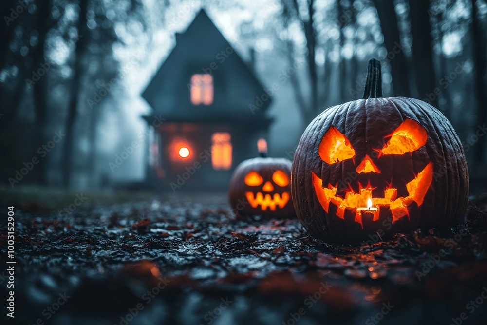 Wall mural halloween night with a glowy carving pumpkin in front of a haunted house