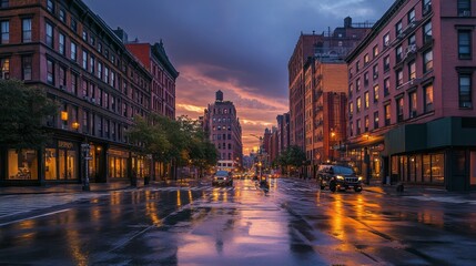 Fototapeta premium Street sense of West Broadway and Reade Street at dusk in Tribeca Lower Manhattan New York City 