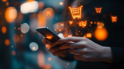 Business ecommerce concept. Person use smartphone and laptop with online shopping cart icon on virtual screen. online purchase, ecommerce store, online business, shopping on the internet