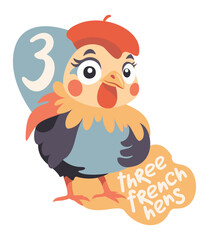 Three French hens. The twelve days of Christmas. English Christmas carol. Third day. Vector isolated illustration