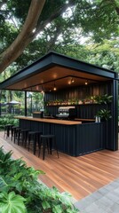 Enjoy a cozy experience at this shipping container cafe located in the forest, featuring wood flooring, a coffee bar, and an inviting outdoor seating area with umbrellas