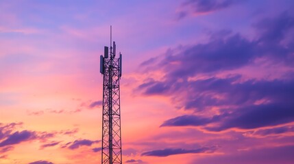 Obraz premium Silhouette of an abstract telecommunication tower Antenna and satellite dish at sunset sky background