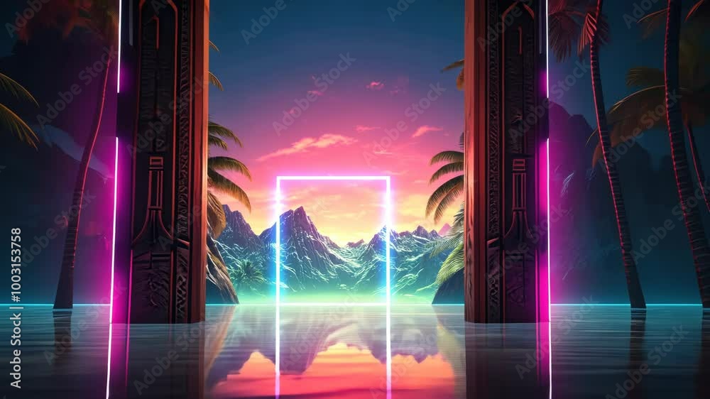 Poster mysterious door or portal with neon light in the jungle in synthwave style
