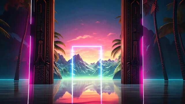 Mysterious door or portal with neon light in the jungle in synthwave style