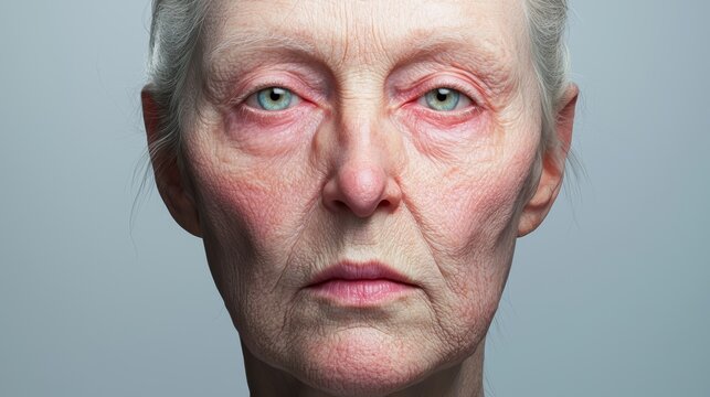 A 3D model of a human face aging over time, highlighting the gradual loss of symmetry in the cheeks, eyes, and forehead due to the skin's natural decline in elasticity.
