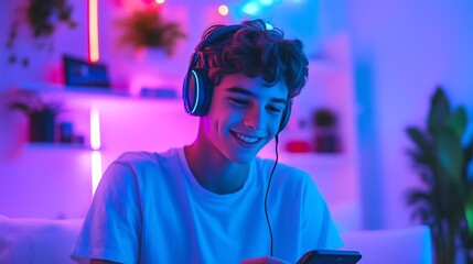 Happy gamer wear headphone competition play video game online with smartphone colorful neon light in living room at night modern house. Esport streaming game online, Home quarantine activity