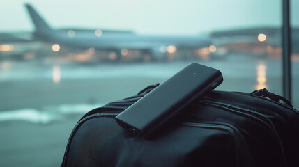 Portable power bank rests on traveler's backpack at an airport, with an airplane visible in the blurred background, representing the concept of staying connected