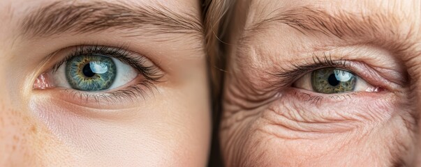 A close-up comparison showing how a young faces bright, symmetrical eyes contrast with an older face's drooping eyelids and less balanced features.