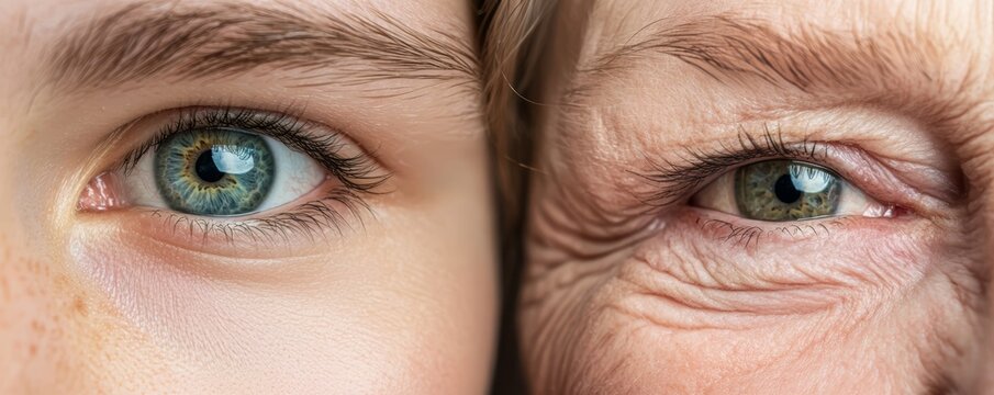 A close-up comparison showing how a young faces bright, symmetrical eyes contrast with an older face's drooping eyelids and less balanced features.