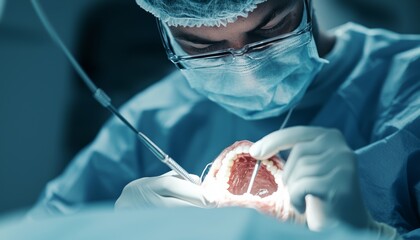 A close-up of a dentist performing oral surgery with precise tools, working on a patient's tooth under bright, focused lighting.