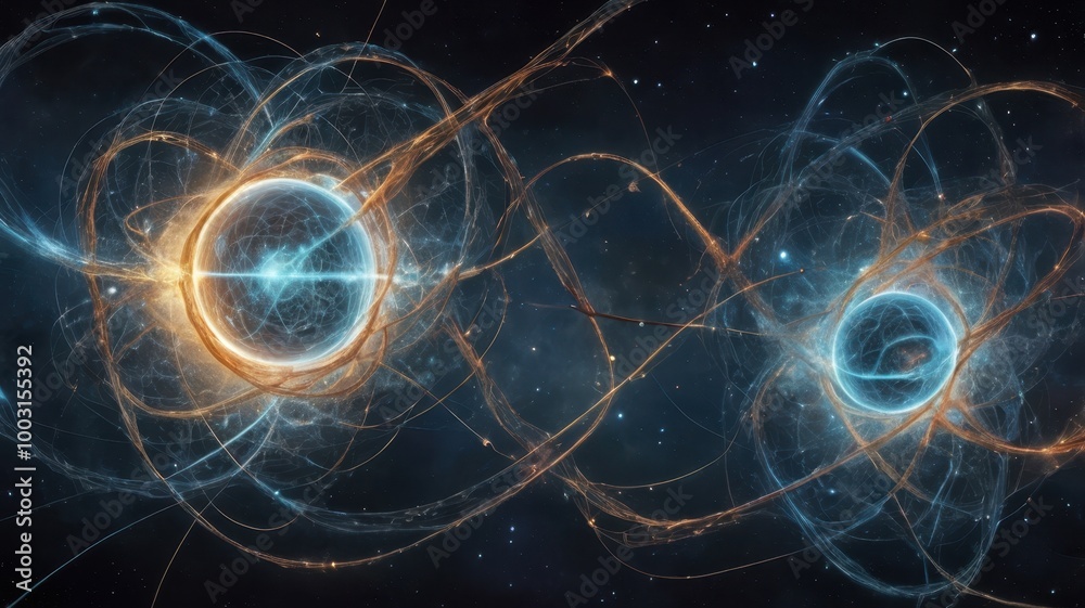 Poster exploring quantum entanglement mysteries in the universe through artistic visualization