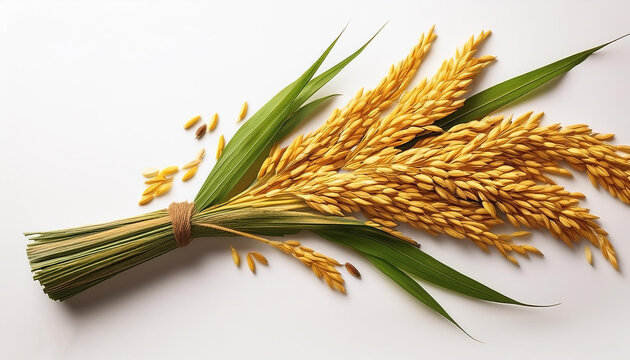 Yellow rice plants or cobs with leaves on a white background