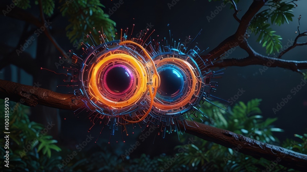 Poster exploring quantum entanglement in a surreal forest setting at night