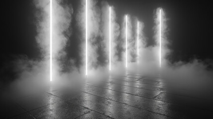 concrete floor with fog and smoke. black background