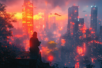 Le paysage urbain futuriste au crépuscule