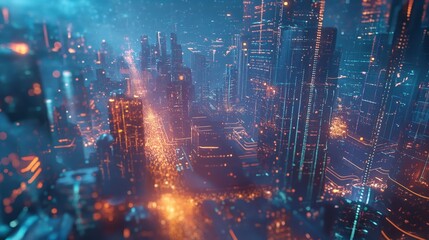 Obraz premium Neon-Lit Cityscape Depicting Advanced Urban Technology and Architecture