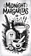 Midnight, margaritas, cocktail, tequila, alcohol, drink, occult, mystical, magical, witchcraft, potion, botanical, herbs, flowers, stars, moon, night, butterfly, moth, skull, bottle, glass, lime, citr