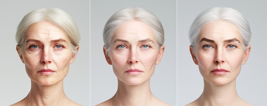 A detailed 3D rendering of the aging process in the skin, showing how wrinkles and sagging cause asymmetry in the cheeks, chin, and neck over time.