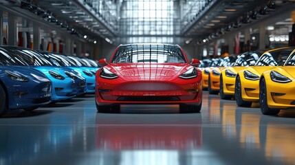 Red Electric Car in a Modern Showroom Surrounded by Blue and Yellow Vehicles