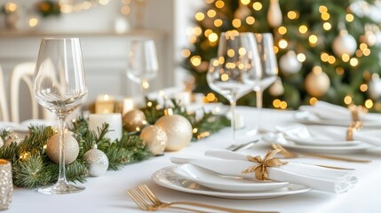 Fototapeta premium This beautifully set Christmas dinner table features white plates and cutlery, adorned with gold decorations and a blurred Christmas tree, creating a warm and inviting atmosphere
