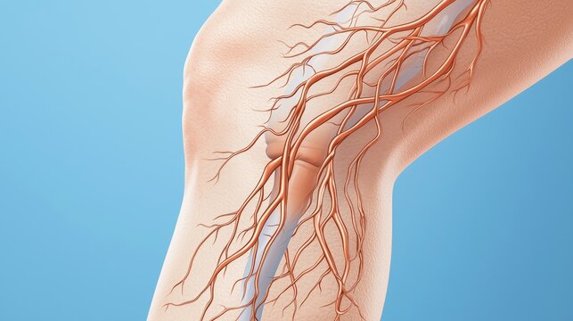 A detailed look at varicose veins in the calf, with visible discoloration and knotted veins protruding beneath the surface of the skin.