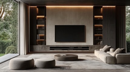 Minimalist living space featuring a custom-built entertainment center with hidden storage and warm lighting