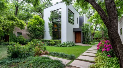 A deteriorating home with rusty doors and broken windows, transformed into a luxury modern residence with bright stucco walls, large windows, and lush greenery.