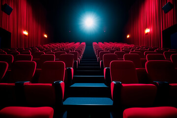 Obraz premium Empty cinema with red seats and a bright spotlight from the projector