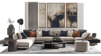 Moodboard highlighting a modern living room concept with contemporary furniture and art accents for stylish interior design inspiration