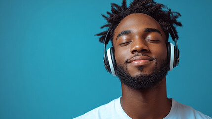 Obraz premium Close up of young black guy listening to music on headphones studio shot.