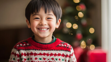 Xmas vibes - cute kid child wearing christmas outfit smiling at the camera. Horizontal banner 