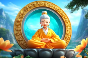 Obraz premium Lhabab Duchen. Holiday in Tibetan Buddhism, dedicated to the return of Shakyamuni Buddha to earth from the Thirty-three heavens gods.