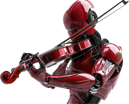 Futuristic Robot Playing Violin Concerto, Red Mechanical Humanoid Musician