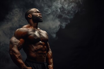 Muscular Man in Dramatic Smoke, Showcasing Strength and Fitness