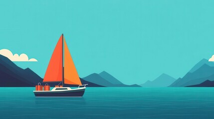 Naklejka premium Sailing boat with travel essentials, navigating open waters, flat design illustration