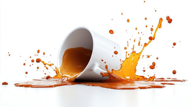 Coffee Mug Spill with Splash on White Background - Dynamic and High-Speed Photography