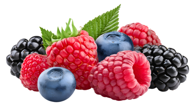  wild Berries mix, raspberry, blueberry, blackberry, isolated on white background,