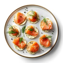 Exquisite salmon canap&eacute;s with dill and seasoned potatoes on elegant plate