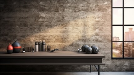 Black concrete tabletop mockup for sports nutrition product presentation in gym setting