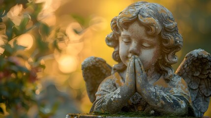 Naklejka premium a small stone statue of an angel with curly hair. The angel is depicted with its eyes closed and hands clasped together in a prayerful pose. It has wings on its back. The background is softly blurred 