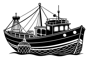 Boat with fishing nets. Fisherman boat marine ship sea ocean fisheries for fish production vector art illustration