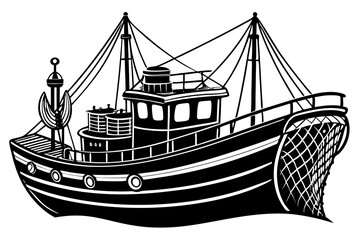 Boat with fishing nets. Fisherman boat marine ship sea ocean fisheries for fish production vector art illustration