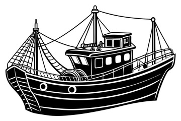 Boat with fishing nets. Fisherman boat marine ship sea ocean fisheries for fish production vector art illustration
