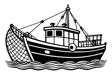 Boat with fishing nets. Fisherman boat marine ship sea ocean fisheries for fish production vector art illustration