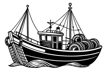 Boat with fishing nets. Fisherman boat marine ship sea ocean fisheries for fish production vector art illustration