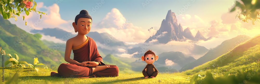 Canvas Prints The Buddha meditates, the little monkey stands next to him with an excited expression on its face. The background features rolling mountains and green grasslands