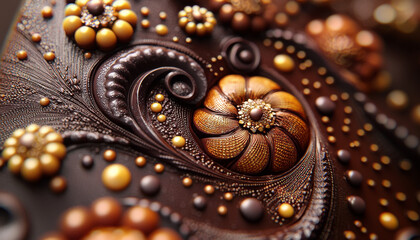 Fototapeta premium Delicate chocolate swirls and intricate patterns create rich, indulgent texture