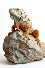 Vibrant orange iguana perched on a large rock displaying its detailed scales and spikes against a white background.